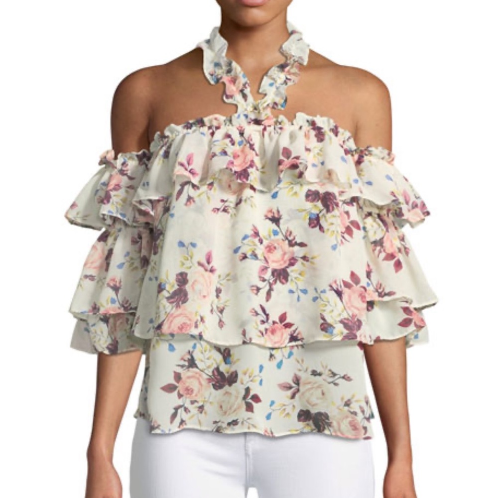 MISA Los Angeles
Giselle Off-the-Shoulder Tiered Ruffled Floral-Print Top Small
